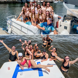 Bachelorette boat party: group of women in pink heart sunglasses posing on a pontoon at a sunny marina and splashing in the water with cups