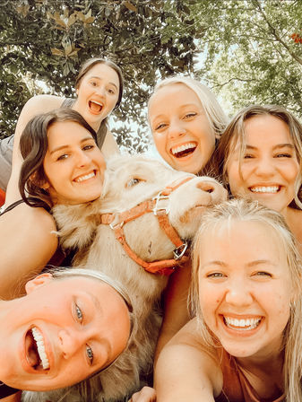 Joyful outdoor selfie of six friends smiling and cuddling a fluffy white goat wearing a red halter beneath leafy trees