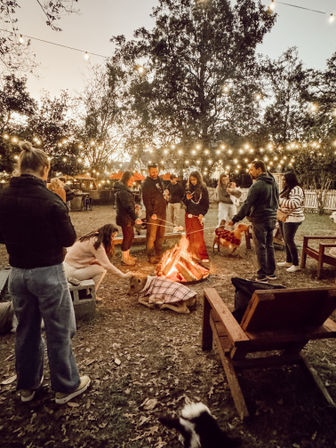 Backyard bonfire at dusk under string lights — a group of friends roasting marshmallows around a fire pit with dogs and cozy seating.