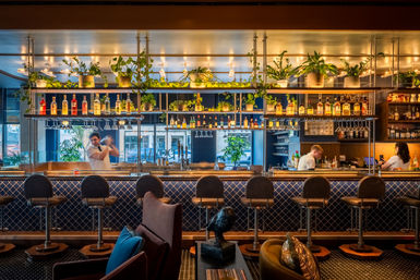 Inviting modern cocktail bar lounge with warm lighting, hanging potted plants and shelves of liquor bottles; bartender shaking a cocktail behind a blue-tiled counter lined with swivel bar stools, cozy seating and city street visible through the windows.