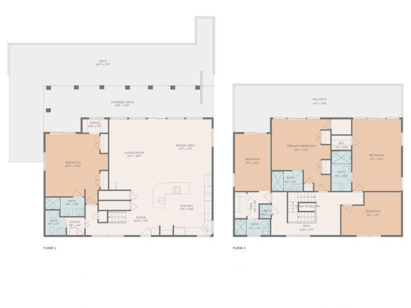 Two-story residential floor plan with open-concept kitchen and island, living and dining areas, main-level bedroom and large covered deck; upper-level primary suite, three bedrooms, multiple baths and wide balcony — modern family layout.