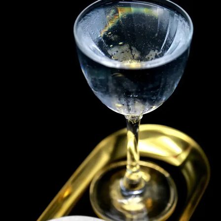 Close-up of a stemmed glass with bubbling clear liquid, perched on a shiny gold tray against a black background.