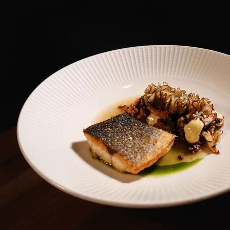 Crispy-skinned pan-seared white fish fillet with sautéed mushrooms, green herb purée and dollops of creamy sauce on a textured white plate — elegant fine-dining seafood dish.