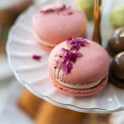 Pink rose macarons with white cream filling and dried rose petals on a white scalloped dessert plate — French-style bakery dessert