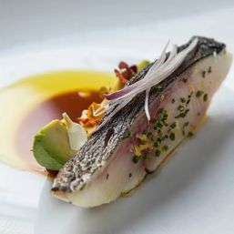 Chef-plated gourmet seared fish fillet with crispy skin, thin red onion slices, avocado, microgreens and edible flowers beside a glossy amber sauce on a white plate.