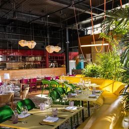Sunlit modern restaurant interior with industrial black ceiling, yellow curved banquette, green chairs, colorful tables set with glassware, cloud-like pendant lamps and lush tropical plants.