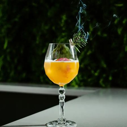 Smoky rosemary-garnished orange cocktail in a faceted crystal stemmed glass with a foamy top and a burning rosemary sprig releasing smoke against a dark green garden backdrop.