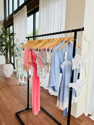 Sunlit boutique display: pastel silk robes and lace lingerie (blue, pink, white) on wooden hangers along a black clothing rack with hardwood floors and large windows.