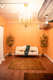 Cozy peach-toned lounge interior with a vintage brass chandelier, white loveseat draped in a teal throw, two potted trees, exposed ductwork and warm wood floors