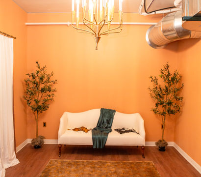 Cozy peach-toned lounge interior with a vintage brass chandelier, white loveseat draped in a teal throw, two potted trees, exposed ductwork and warm wood floors