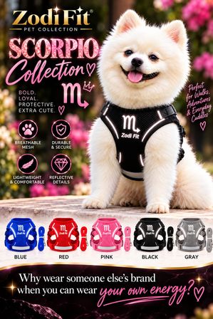 Smiling cream Pomeranian wearing a black reflective Scorpio pet harness, seated outdoors among pink garden flowers, showcasing breathable mesh design and color options in blue, red, pink, black and gray.