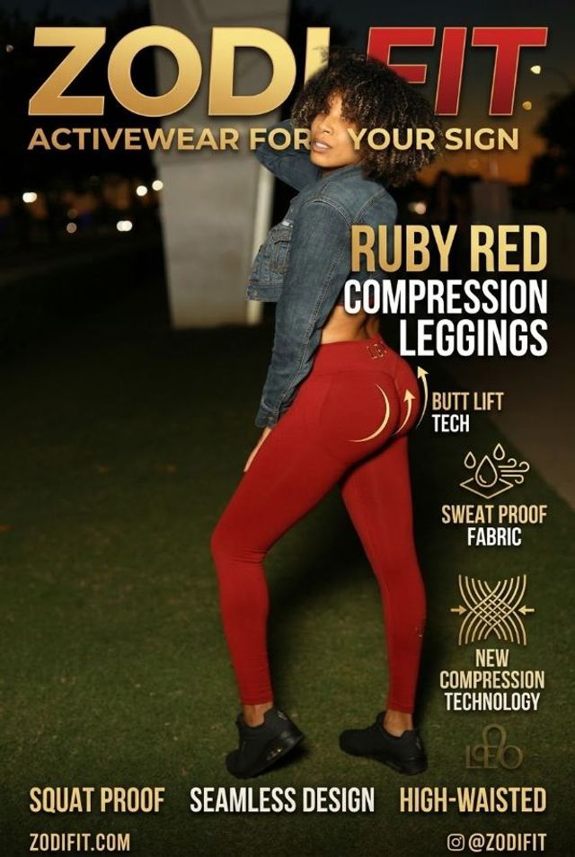 Model in ruby-red compression leggings and denim jacket posing in an urban park at dusk, highlighting high-waisted, seamless, squat-proof design with butt-lift tech and sweat-proof fabric — activewear ad.