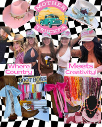 Colorful collage of country-style fashion and accessories: a pink "Mother Trucker" logo with a vintage pickup, women wearing embellished trucker hats, decorative cowboy hats, western boots with large boot-bows, a wall of bandanas and a jewelry display on a black-and-white checkerboard backdrop, with text reading "Where Country Meets Creativity".