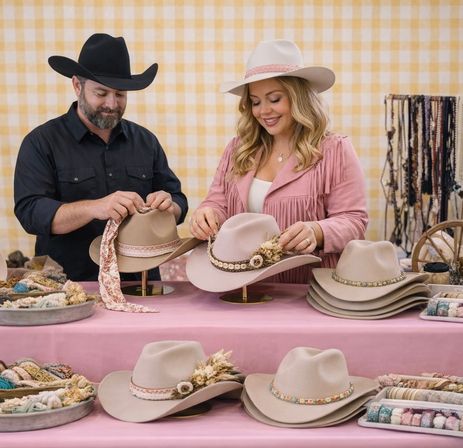 Western cowboy hats styled by two people at an artisan hat display — beige felt hats with floral, beaded bands and ribbons on a pink tablecloth with a yellow gingham backdrop, trays of decorative hatbands and stacked hats.