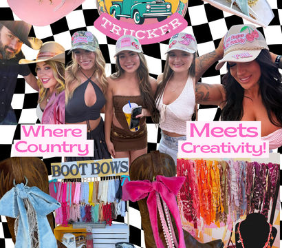 Colorful collage of country-style fashion and accessories: a pink "Mother Trucker" logo with a vintage pickup, women wearing embellished trucker hats, decorative cowboy hats, western boots with large boot-bows, a wall of bandanas and a jewelry display on a black-and-white checkerboard backdrop, with text reading "Where Country Meets Creativity".