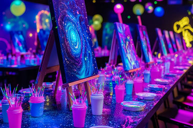 Long table set for a glow-in-the-dark painting party under blacklight, neon brushes in cups and galaxy canvases on easels