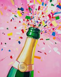 Vibrant painting of a champagne bottle popping with multicolored confetti bursting across a pink background, festive party artwork.