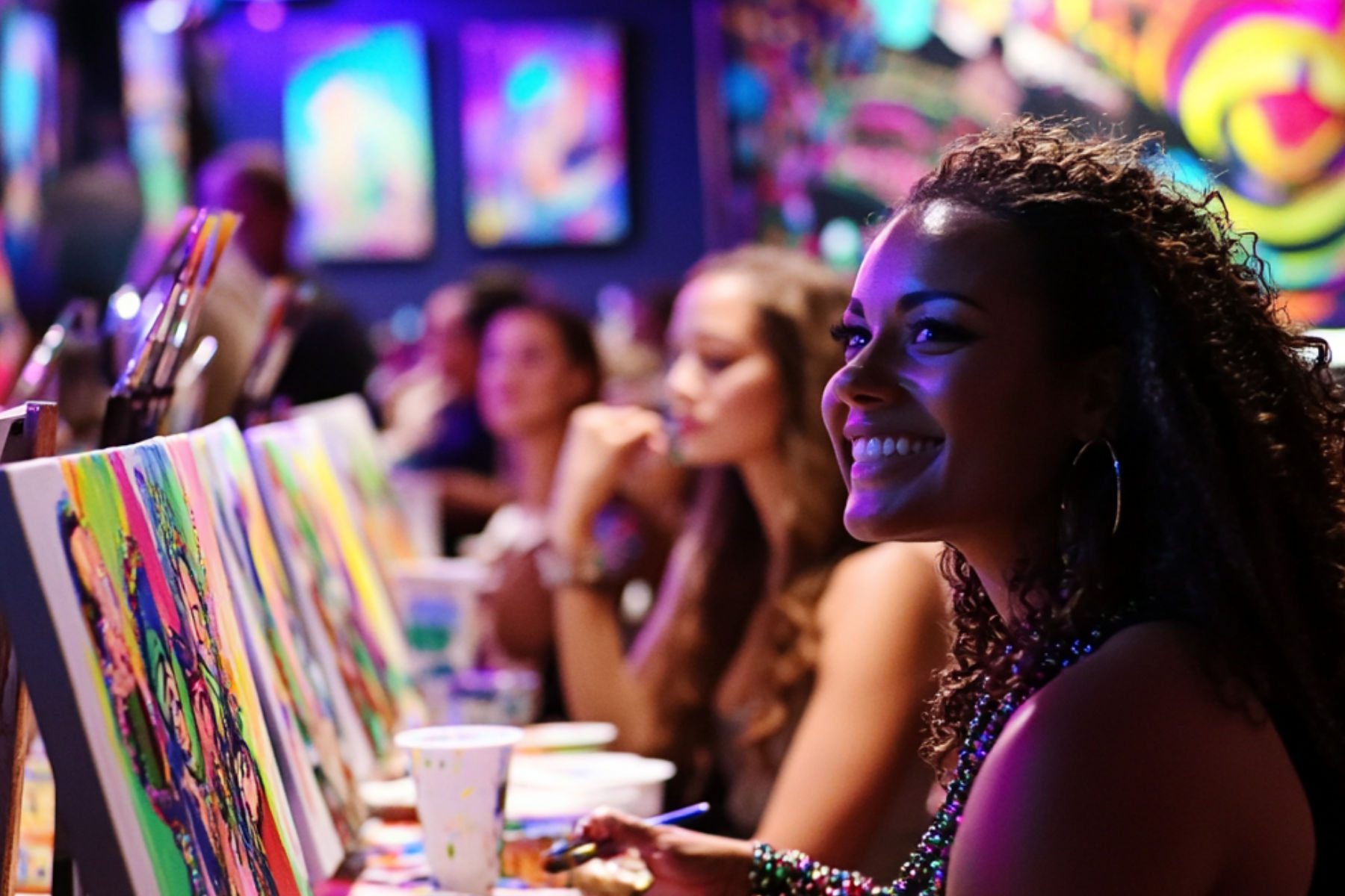 Smiling woman painting at a neon-lit group paint-and-sip art night, colorful canvases and brushes lined up on easels