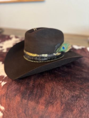Dark brown felt cowboy hat with a wide brim, decorative leather band and peacock feather accent, resting on a brown-and-white cowhide rug — rustic Western vibe.