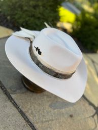 White felt fedora with feather-pattern band, crystal trim and black pin perched on a sunlit stone patio with blurred garden greenery in the background