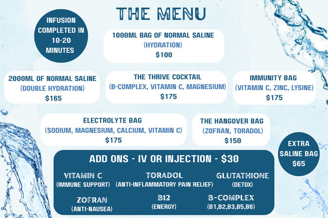 Water-themed IV therapy menu poster listing saline hydration bags, vitamin/electrolyte, immunity and hangover infusions with prices, $30 add-on injections, and 10–20 minute infusion time.