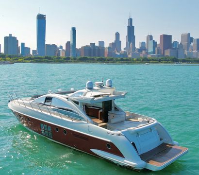 Luxury motor yacht gliding on turquoise Lake Michigan with the Chicago skyline in the sunny background