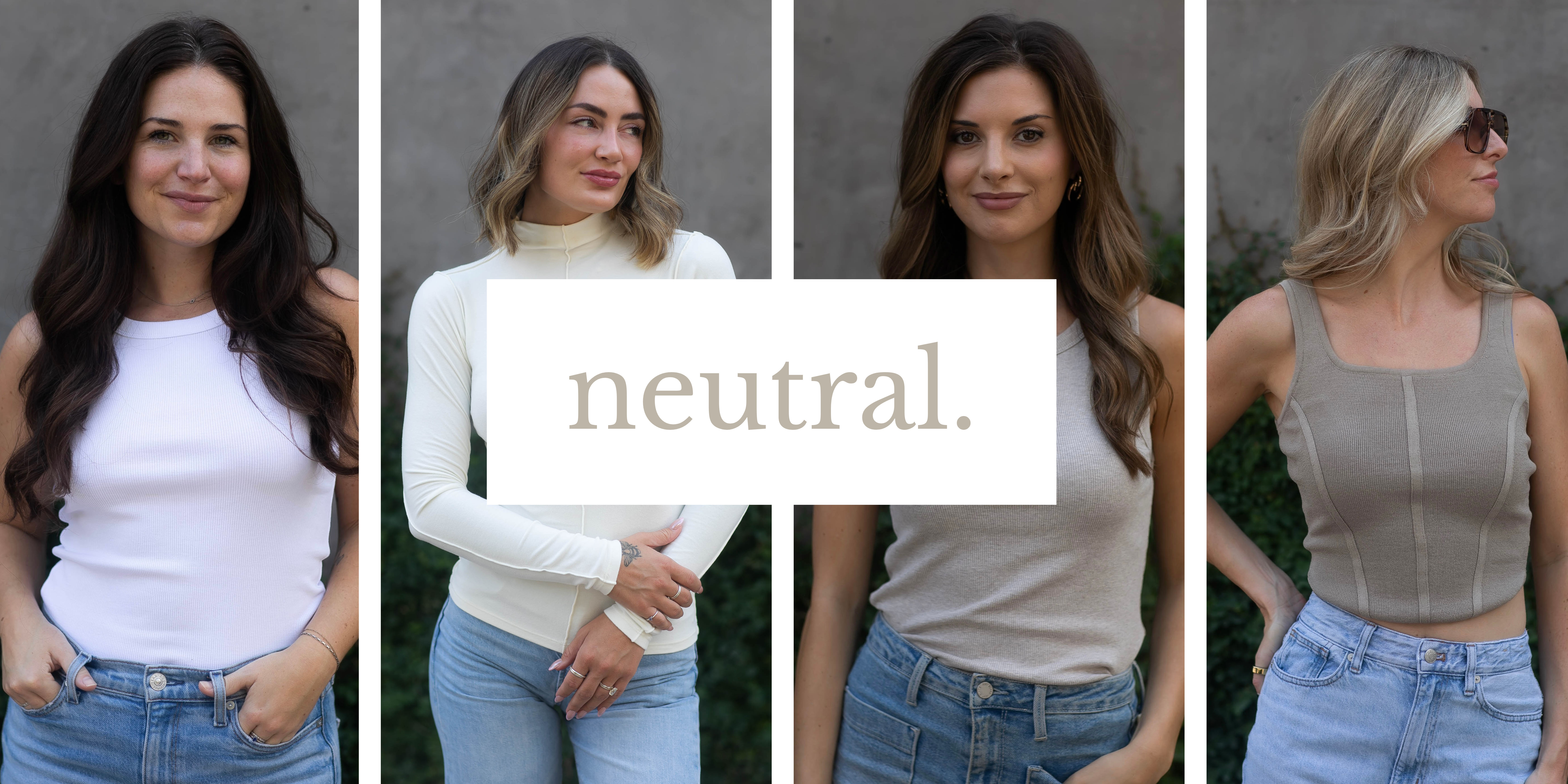 Four-panel collage of four women modeling neutral-toned tops and blue jeans against a concrete wall, showcasing white, cream, beige and taupe knit styles for casual wardrobe essentials.