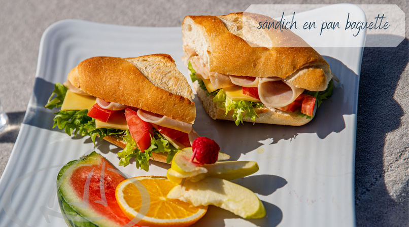 Two crusty baguette sandwiches with ham, cheese, lettuce and tomato on a white plate, garnished with watermelon, orange and apple slices and a raspberry, served in bright outdoor sunlight