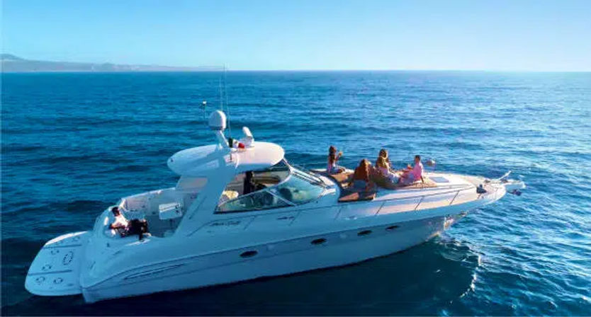 Group of people sunbathing and socializing on a white luxury motor yacht cruising on clear blue sea under a bright sunny sky with a distant coastline on the horizon