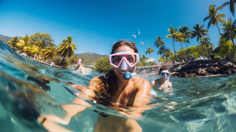 Snorkeling selfie of a woman wearing a pink mask and snorkel in clear turquoise tropical water with friends nearby and a palm-tree lined beach under a bright blue sky