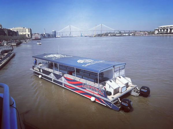 Blue-canopied riverboat on the Savannah River with a cable-stayed bridge and waterfront skyline under a clear blue sky