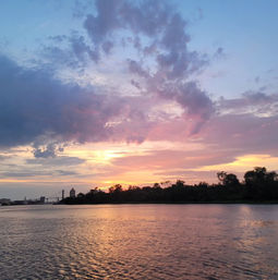 Pink and orange sunset over a calm river with silhouetted trees and a distant bridge reflecting on rippling water.