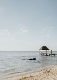 Sandy tropical beach with gentle waves and a wooden dock topped by a thatched palapa stretching into the calm blue ocean under a pale sky.