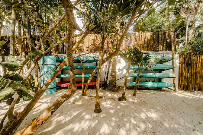 Turquoise and red paddleboards stacked on wooden racks behind palm trees on a white sandy tropical beach, dappled sunlight and bamboo fence in the background.