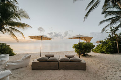 Serene tropical beach at sunrise with two cushioned lounge beds and umbrellas framed by palm trees, overlooking a calm ocean.