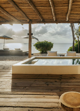 Sunlit tropical beachfront patio under a rustic thatched roof with a rectangular plunge pool on a weathered wooden deck, cushioned loungers and umbrellas facing the calm ocean and palm trees