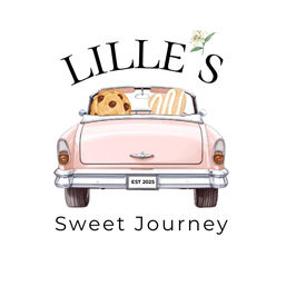 Pastel bakery logo featuring a pink vintage convertible with a chocolate chip cookie and a drizzled pastry in the backseat, stylized lettering above, tagline "Sweet Journey" below, license plate reads EST 2025.