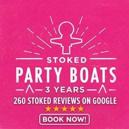 Bright pink promotional graphic for party boat rentals, featuring a celebratory icon, large 'Party Boats' headline, note of 3 years and 260 five-star online reviews, five gold stars and a bold 'Book Now' call-to-action.