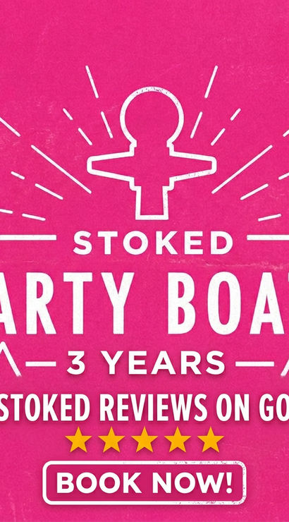 Bright pink promotional graphic for party boat rentals, featuring a celebratory icon, large 'Party Boats' headline, note of 3 years and 260 five-star online reviews, five gold stars and a bold 'Book Now' call-to-action.