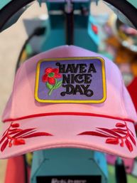 Pink baseball cap with a purple-and-yellow embroidered patch reading HAVE A NICE DAY and a red flower, plus red floral embroidery on the brim, shown on a blurred retail display.