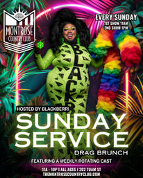 Vibrant drag brunch poster: smiling drag performer in a neon green sequined gown holding a rainbow feather boa against a neon tropical palm backdrop, bold 'Sunday Service' text promoting a weekly Sunday drag brunch in Montrose, Houston.