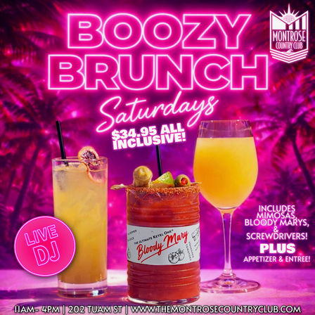 Neon-pink tropical poster for a boozy brunch Saturday showing a Bloody Mary, mimosa and cocktail, $34.95 all-inclusive, live DJ badge and text listing mimosas, Bloody Marys and screwdrivers.
