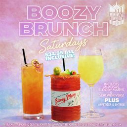 Colorful pastel brunch flyer reading “Boozy Brunch Saturdays” featuring three cocktails—a mimosa in a wine glass, a Bloody Mary garnished with olives and lime, and a tall orange cocktail—advertising $34.95 all‑inclusive with appetizer and entrée.