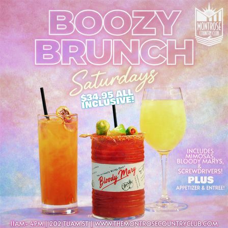 Colorful pastel brunch flyer reading “Boozy Brunch Saturdays” featuring three cocktails—a mimosa in a wine glass, a Bloody Mary garnished with olives and lime, and a tall orange cocktail—advertising $34.95 all‑inclusive with appetizer and entrée.