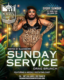 Vibrant tropical poster of a bearded drag performer in a leopard-print bodysuit and long gloves, advertising a Sunday drag brunch with two showtimes at a country club, surrounded by lush foliage and starry lights.