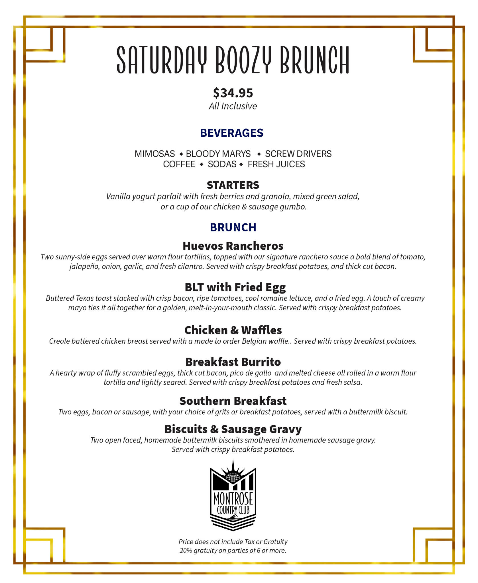 Saturday Boozy Brunch menu poster with gold geometric border — $34.95 all-inclusive — lists beverages (mimosas, Bloody Marys, screwdrivers, coffee, fresh juices), starters, and brunch dishes like Huevos Rancheros, BLT with fried egg, Chicken & Waffles, Breakfast Burrito, Southern Breakfast, and Biscuits & Sausage Gravy.