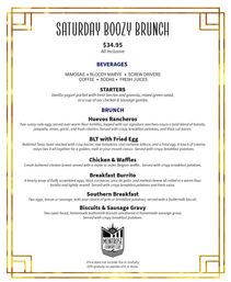 Saturday Boozy Brunch menu poster with gold geometric border — $34.95 all-inclusive — lists beverages (mimosas, Bloody Marys, screwdrivers, coffee, fresh juices), starters, and brunch dishes like Huevos Rancheros, BLT with fried egg, Chicken & Waffles, Breakfast Burrito, Southern Breakfast, and Biscuits & Sausage Gravy.