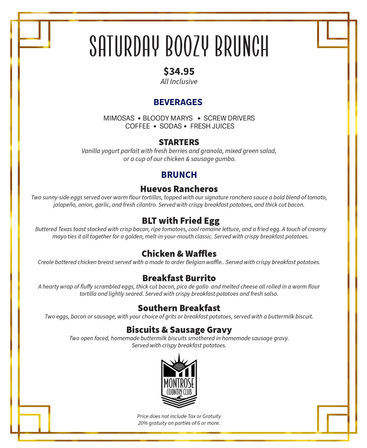 Saturday Boozy Brunch menu poster with gold geometric border — $34.95 all-inclusive — lists beverages (mimosas, Bloody Marys, screwdrivers, coffee, fresh juices), starters, and brunch dishes like Huevos Rancheros, BLT with fried egg, Chicken & Waffles, Breakfast Burrito, Southern Breakfast, and Biscuits & Sausage Gravy.