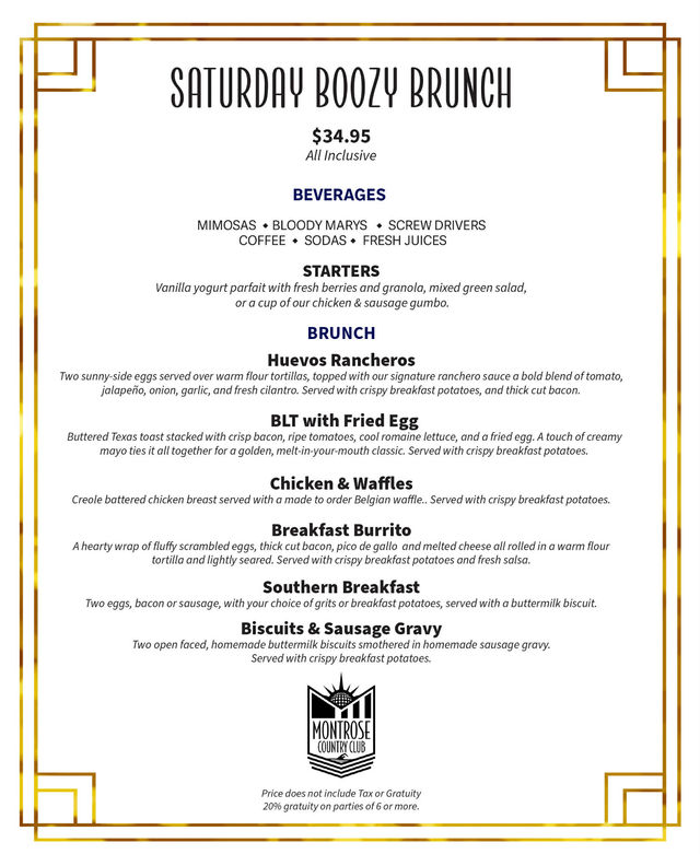 Saturday Boozy Brunch menu poster with gold geometric border — $34.95 all-inclusive — lists beverages (mimosas, Bloody Marys, screwdrivers, coffee, fresh juices), starters, and brunch dishes like Huevos Rancheros, BLT with fried egg, Chicken & Waffles, Breakfast Burrito, Southern Breakfast, and Biscuits & Sausage Gravy.