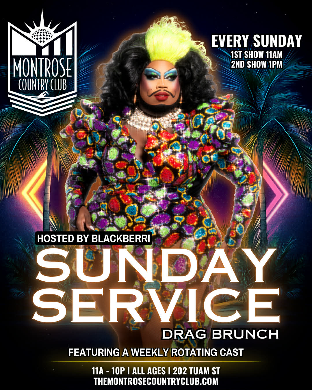 Vibrant poster of a drag performer in a multicolored sequined gown with neon‑green hair, bold makeup and pearl choker, framed by palm trees and neon lights, promoting a weekly Sunday drag brunch with two showtimes.